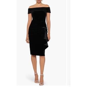 Xscape Ruffle Off The Shoulder Velvet Cocktail Party Dress Black Sz 8 NWT $208